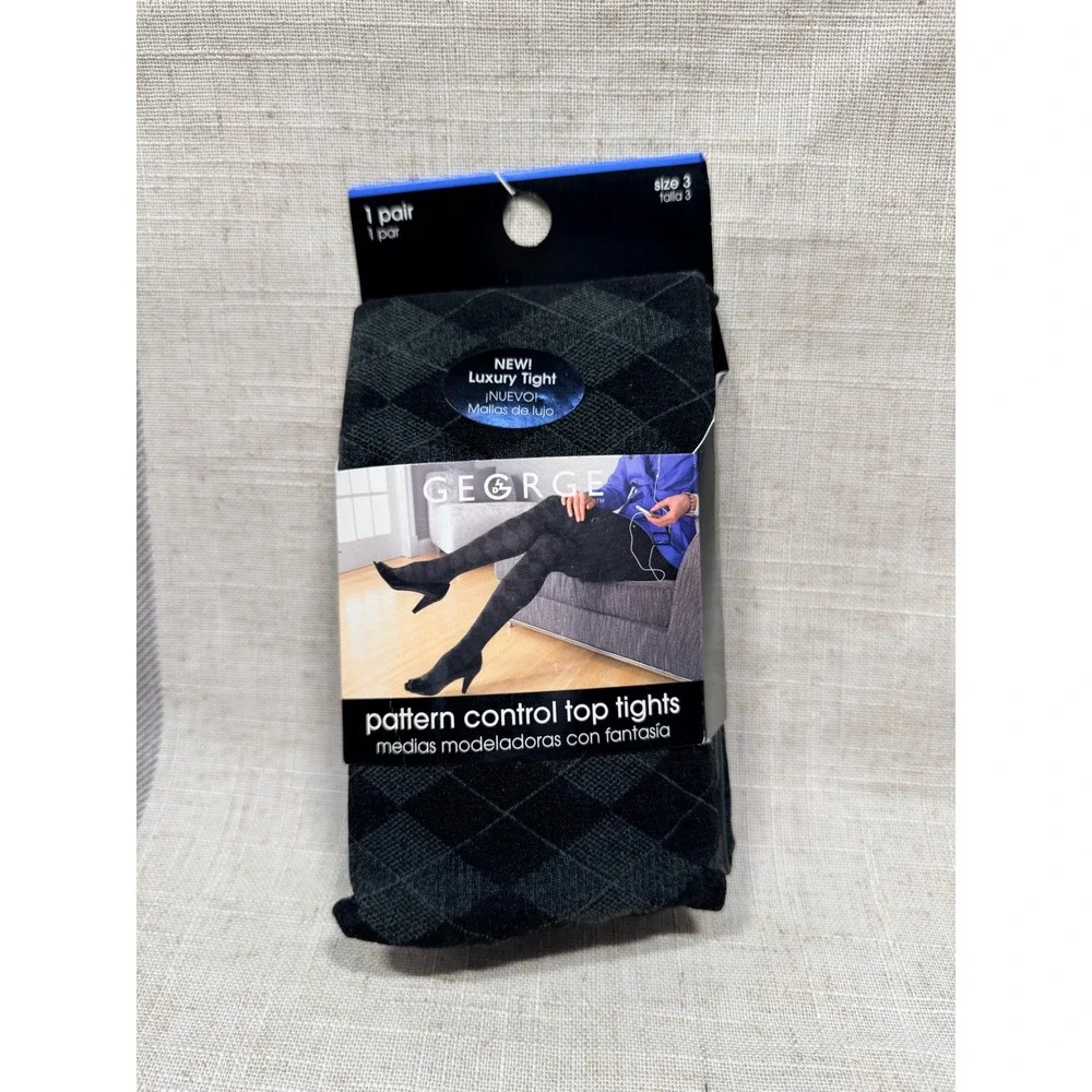 George Womens Charcoal Argyle Pattern Control Top Luxury Tights Sz 3 GT59G NEW